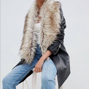 Black waterfall coat with faux fur collar